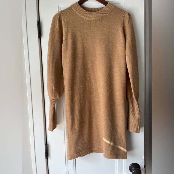 NWOT French Connection Babysoft Knit Camel Tan Balloon Sleeve Sweater Mini Dress - Picture 7 of 10